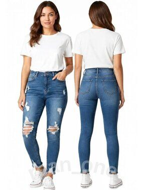 BOB Jeans High Waist Ripped Distressed Chewed Hem Skinny Blue Denim Jeans Size 7